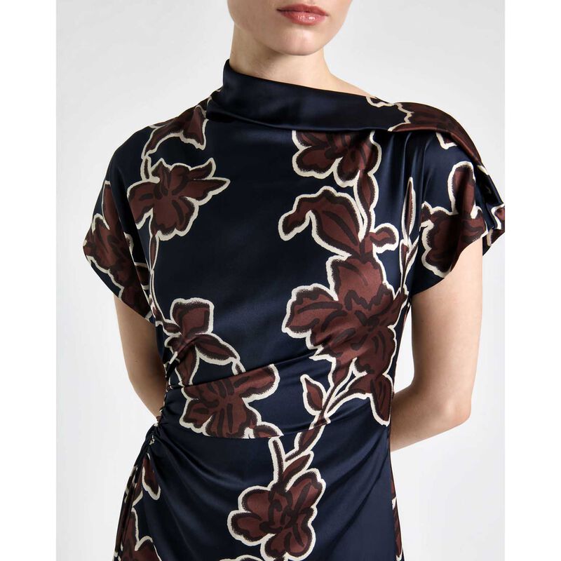 Cue Ink Illustrated Floral Satin Fold Neck Dress image number 2